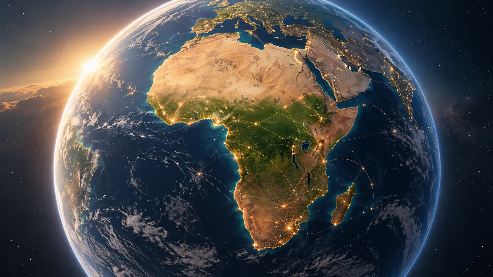 Illustration éditoriale : la Terre vue de haute orbite, l’Afrique au centre, parcourue de fines liaisons lumineuses