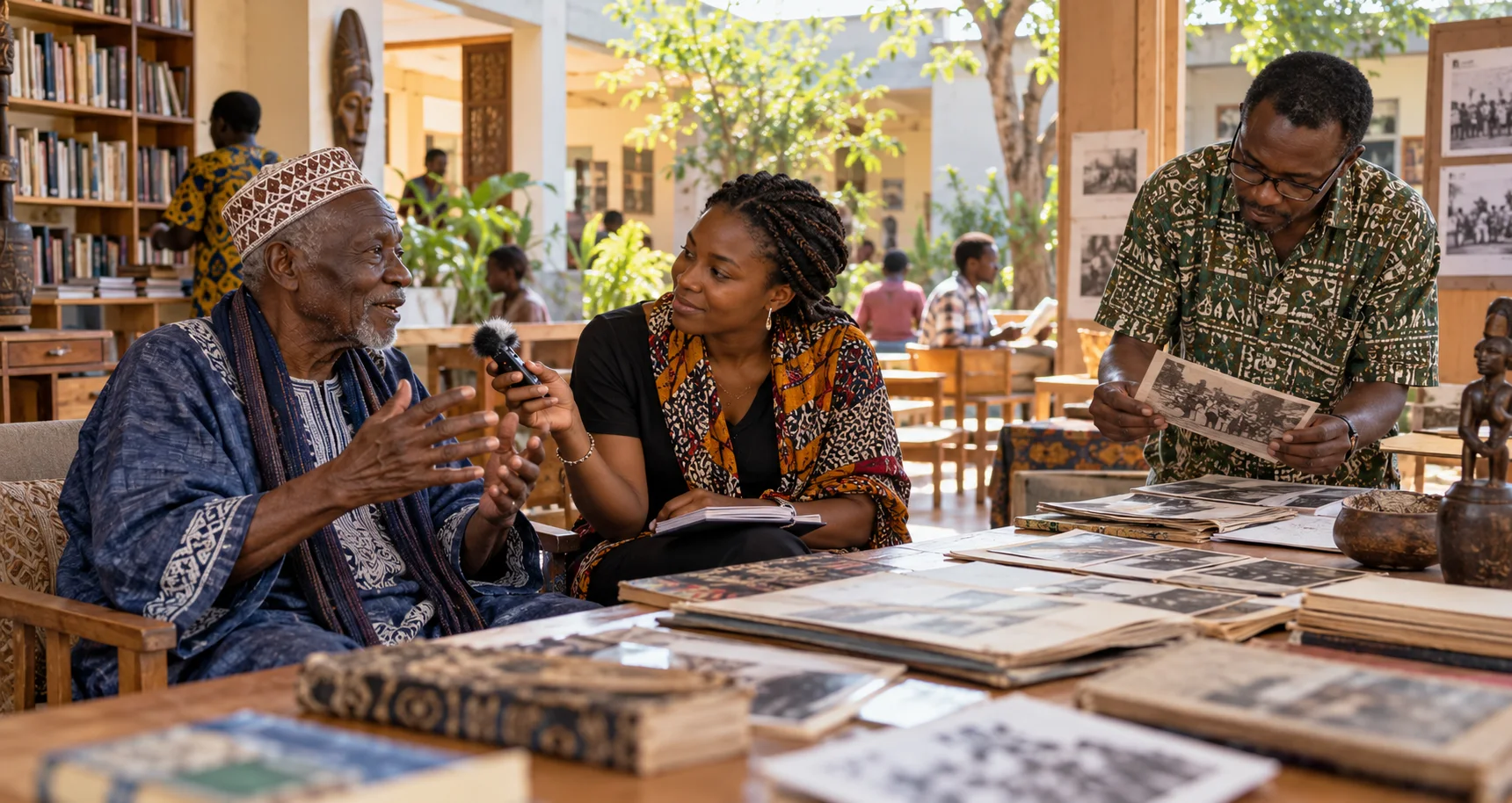 Dans un lieu culturel de quartier, un aîné partage un récit avec une jeune habitante qui l’enregistre, tandis qu’un autre membre du collectif consulte des photographies d’archives