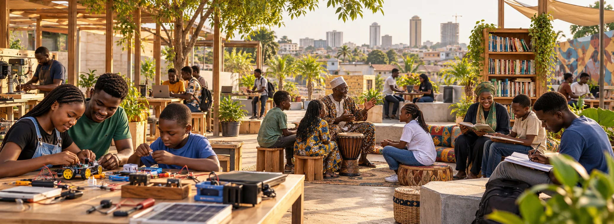 Campus de quartier où des enfants, des adultes et des aînés apprennent et créent autour d’un atelier et d’une bibliothèque