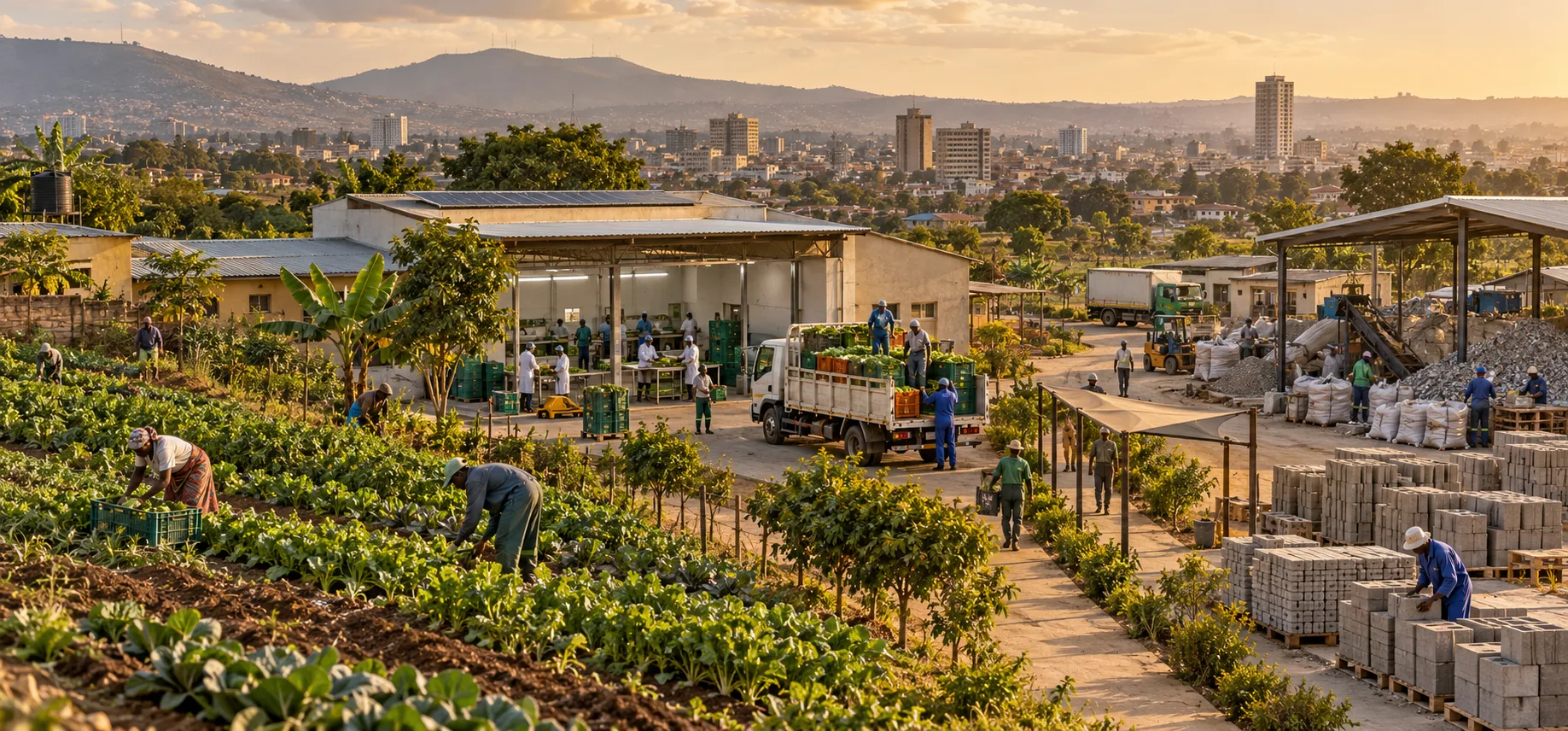 Paysage productif avec cultures, atelier de transformation et cour de matériaux