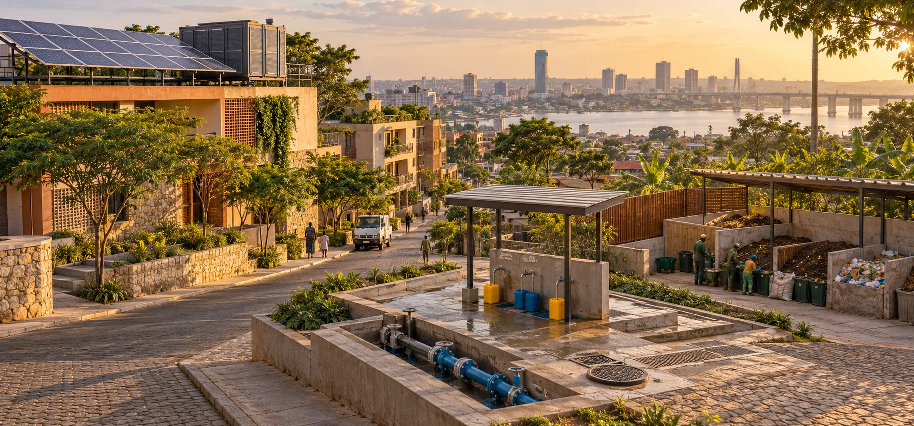 Quartier avec toitures solaires, point d’eau et espace de compostage