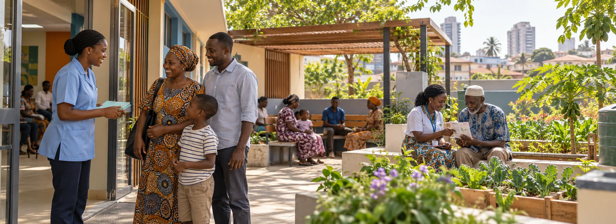 Centre de santé de quartier où une soignante accueille une famille et accompagne un aîné dans un jardin nourricier