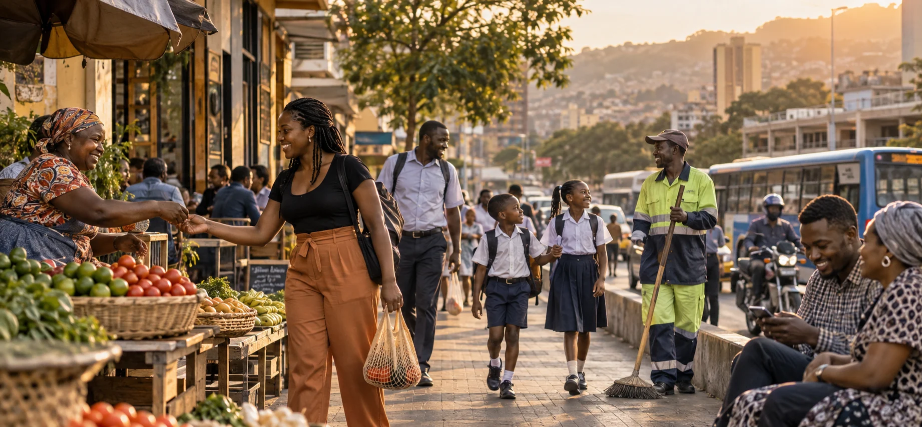 Scène prospective : une rue de quartier où se croisent commerçantes, familles, élèves et un agent de propreté